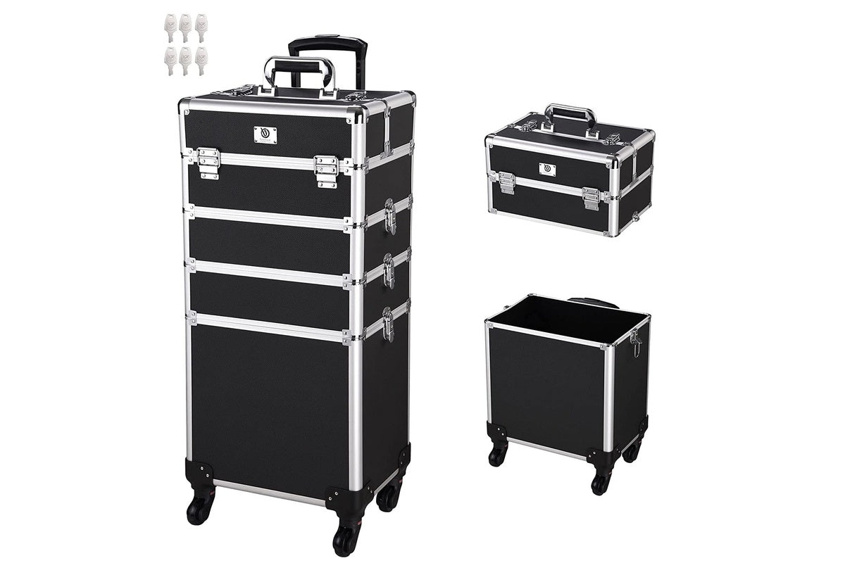 Open makeup trolley showing extendable trays