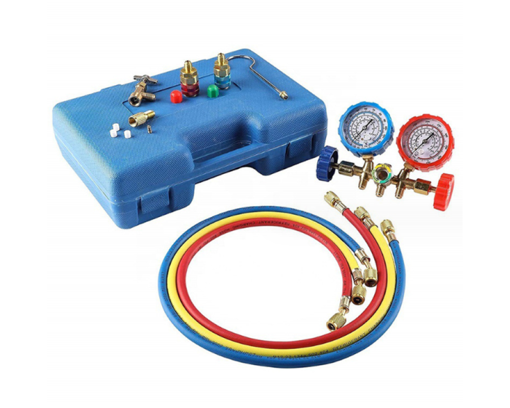 3 Way AC manifold gauge set hose connectors close-up