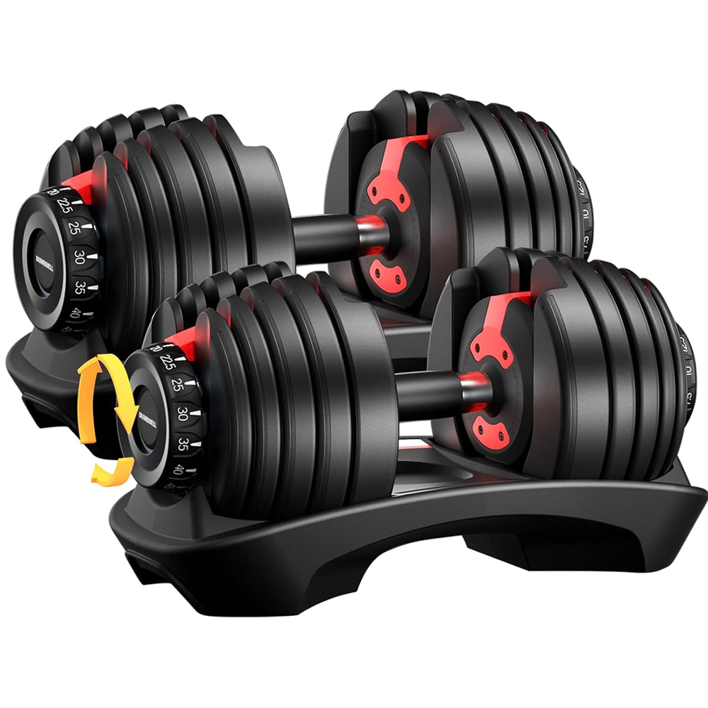 User adjusting dumbbell weight with dial