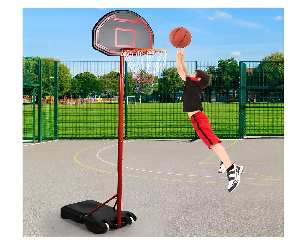 Adjustable basketball hoop height from 155m to 210m