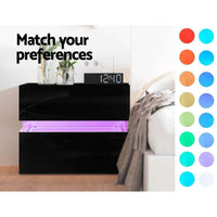 Thumbnail for Bedside Table 2 Drawers RGB LED Side Nightstand High Gloss Cabinet - The Shopsite