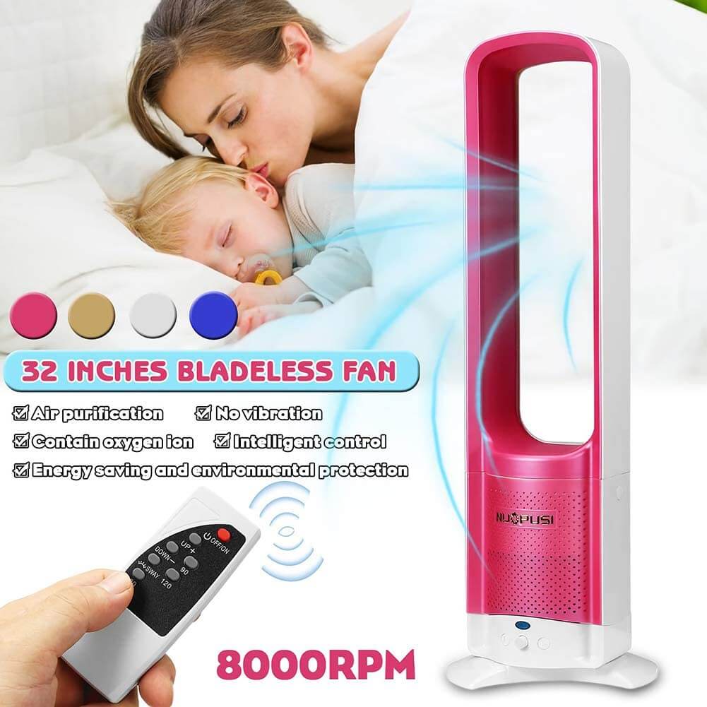 Bladeless fan tower placed in modern office setting
