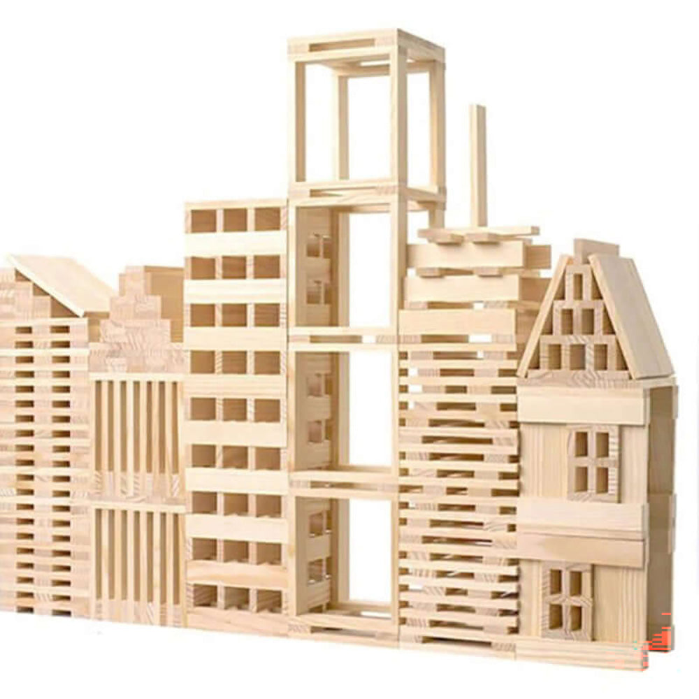 300 piece wooden building blocks spread on play mat