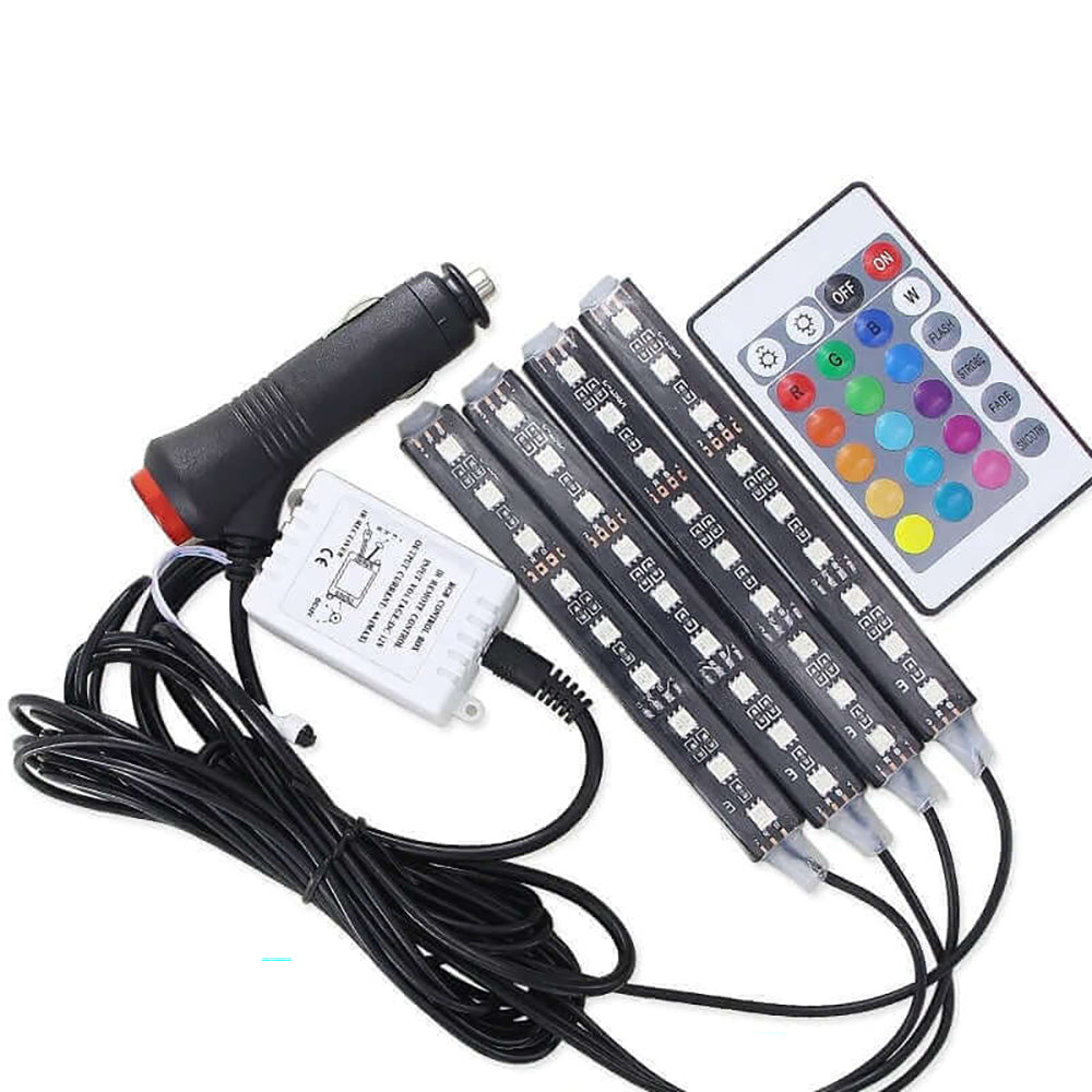 Car dashboard lit with colourful RGB LED strips
