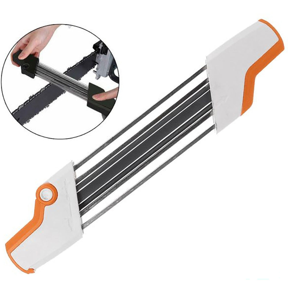 Chainsaw sharpener in use on chainsaw