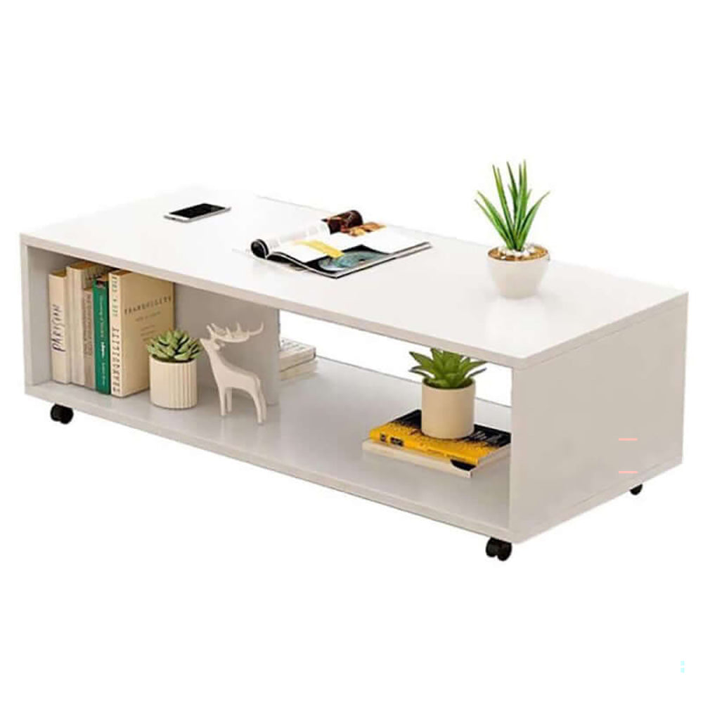 Coffee table 120cm with wheels white full length view