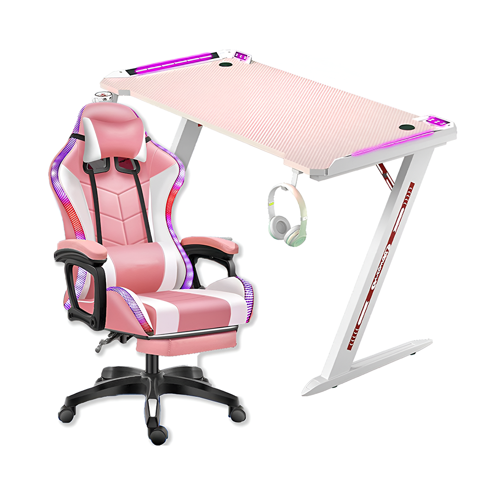 Gaming chair with desk combo showing RGB LED lights