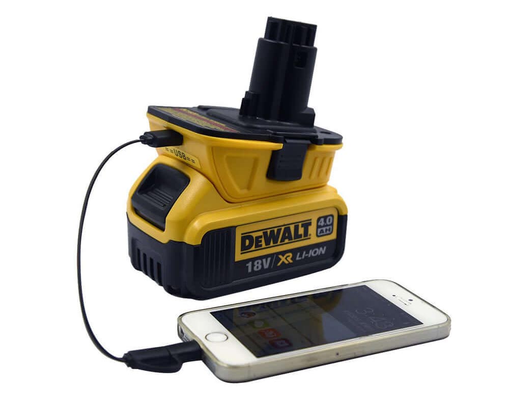 Adapter plugged into Dewalt 18V tool