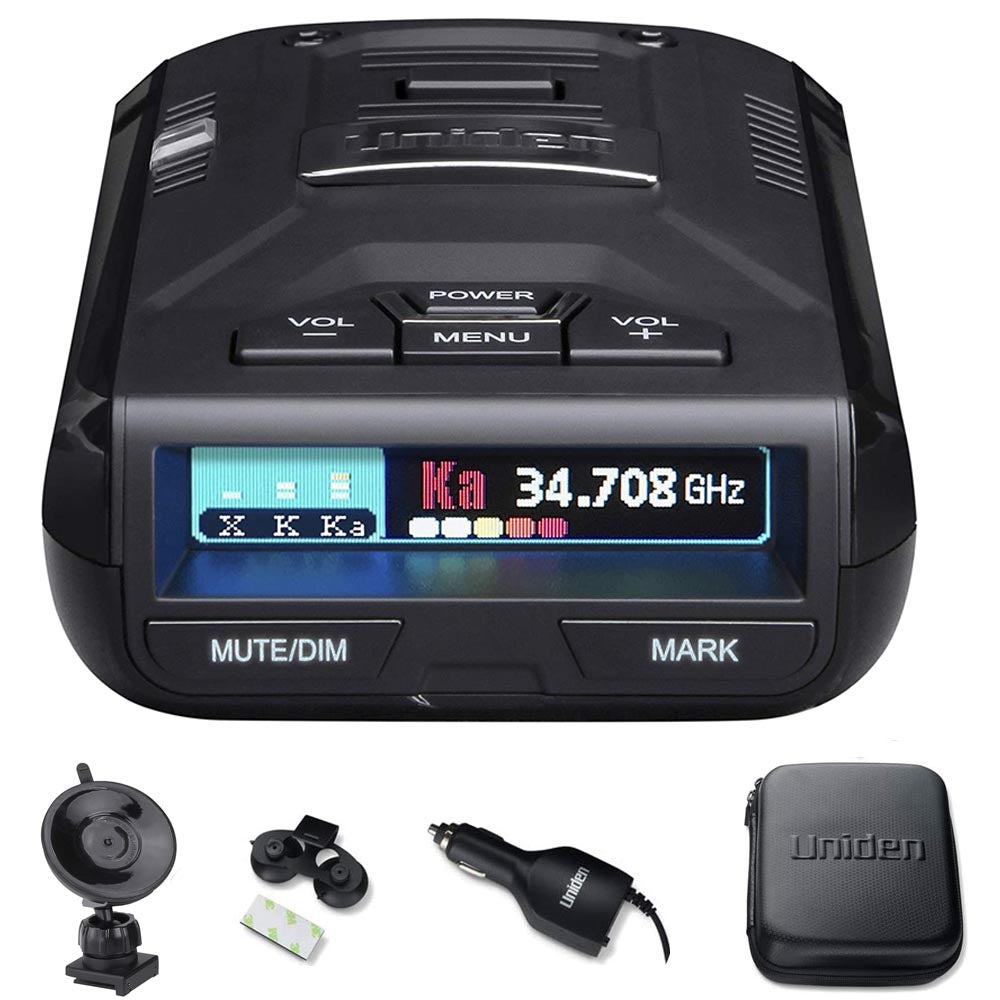 Uniden R3 radar detector showing multi-colour OLED display