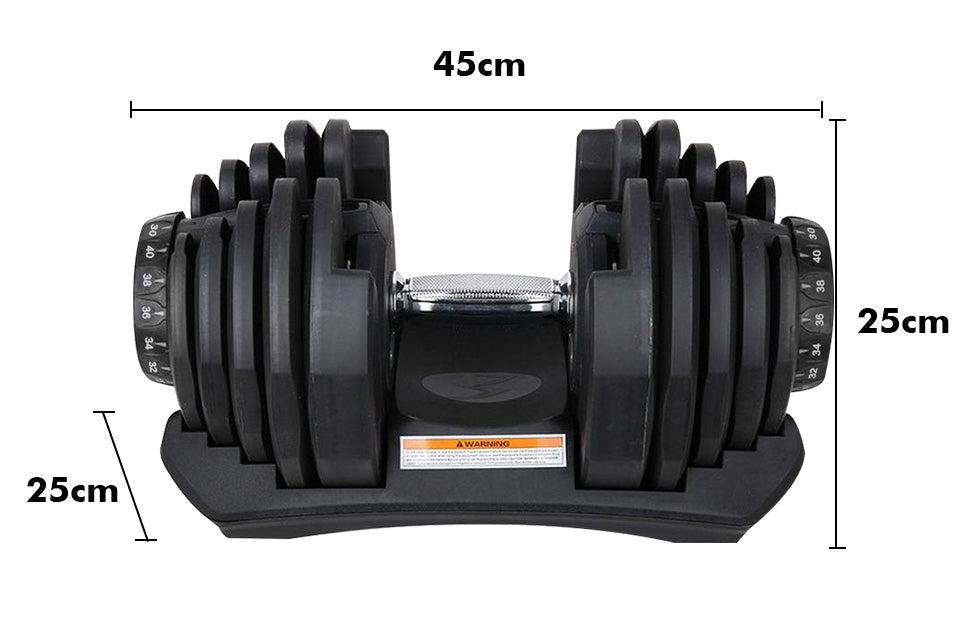 Adjustable dumbbells showing weight increments dial