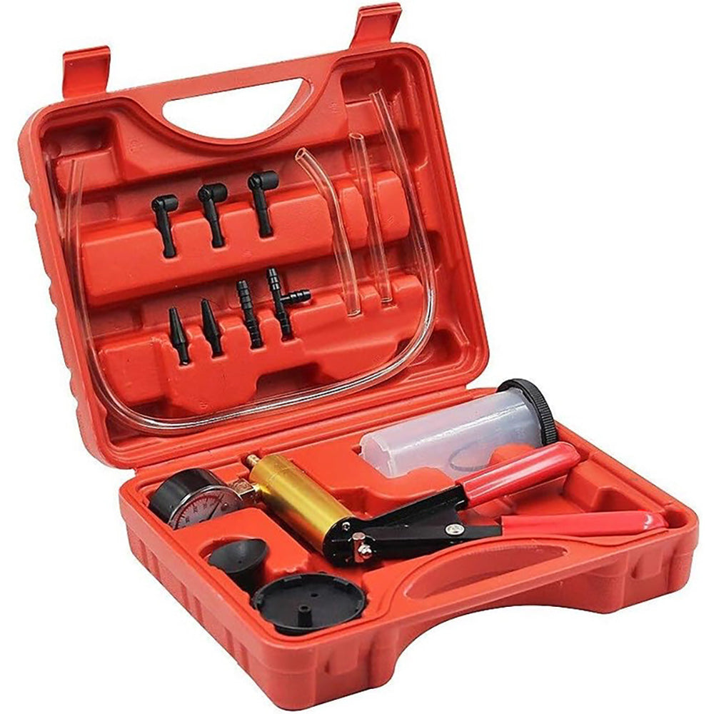 Brake fluid bleeder tool kit laid out with hoses