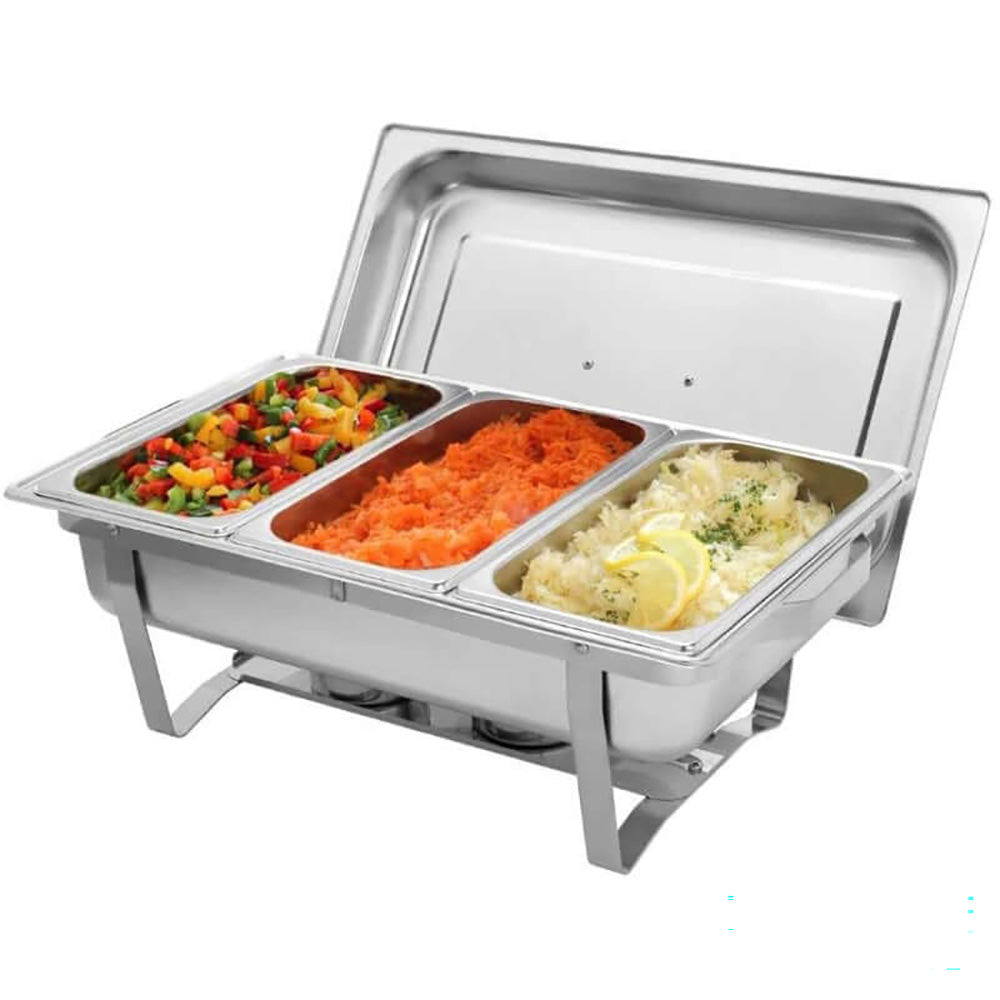 Chafing dish food warmer side view showing thickness