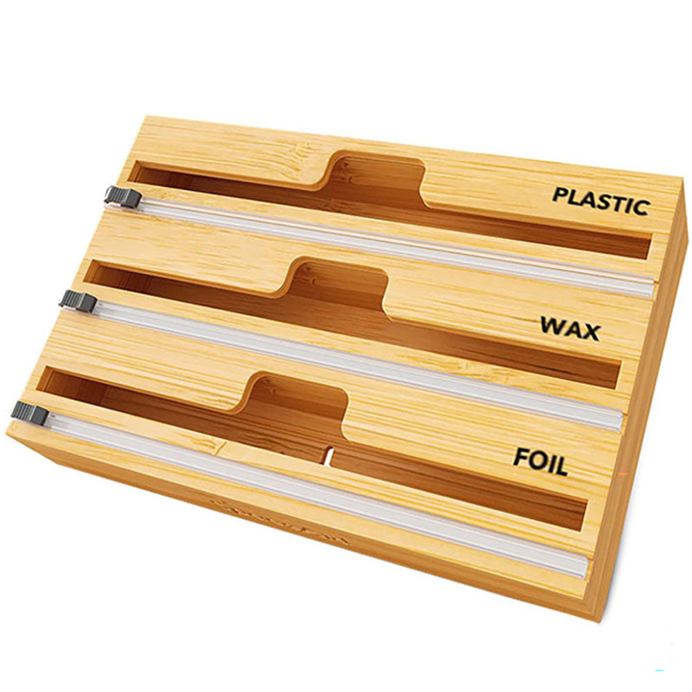 Bamboo food wrap dispenser in kitchen setting