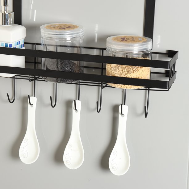 Kitchen organiser storage shelf side angle showing hooks