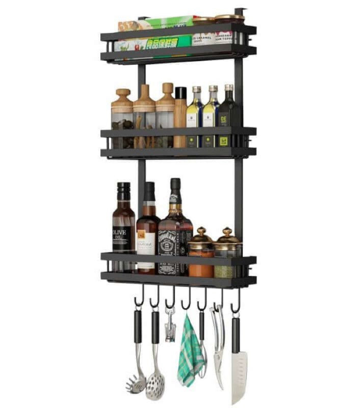 Kitchen organiser storage shelf with 7 utensil hooks