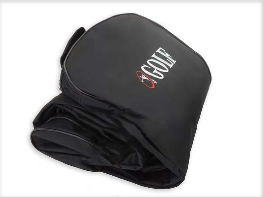 Top view of golf travel bag with wheel support