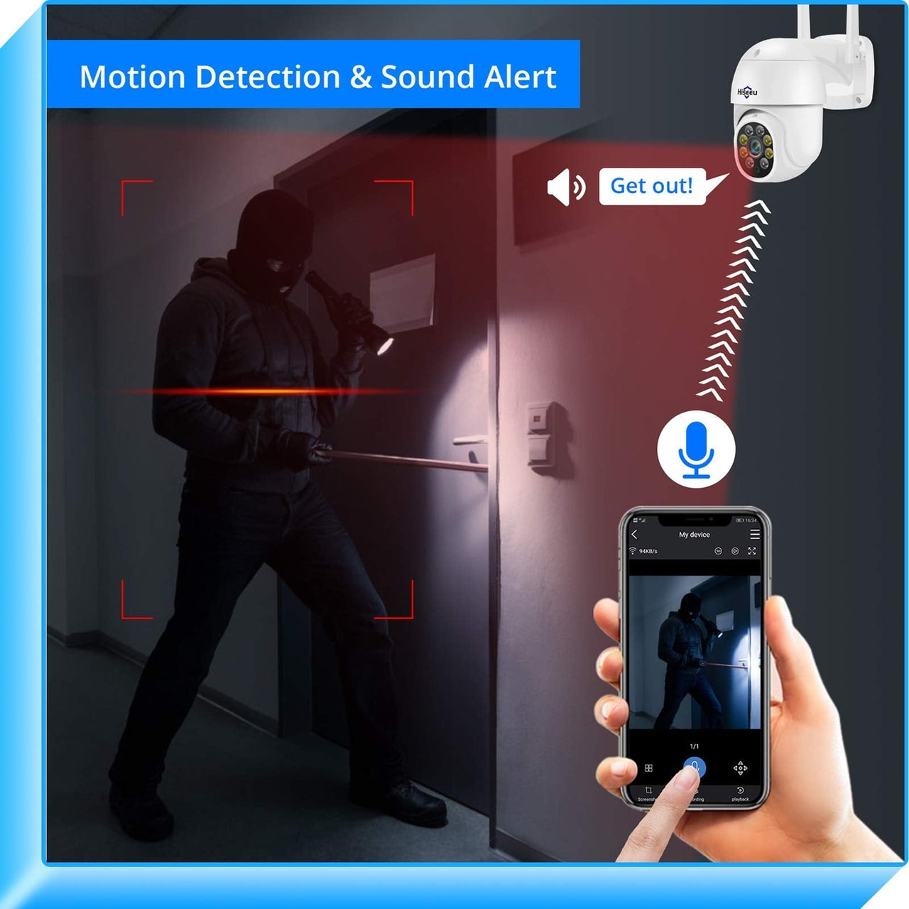 PTZ WiFi outdoor security camera 2K showing 360 pan tilt