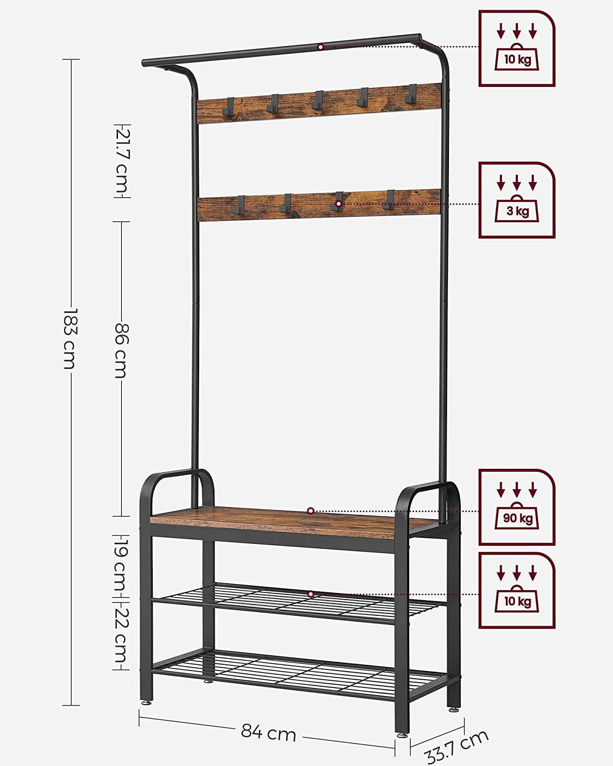 Wooden Coat Rack with Shelves Hooks by VASAGLE