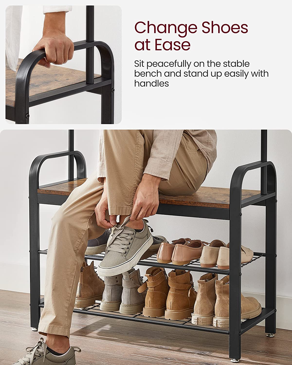 Wooden Coat Rack with Shelves Hooks by VASAGLE