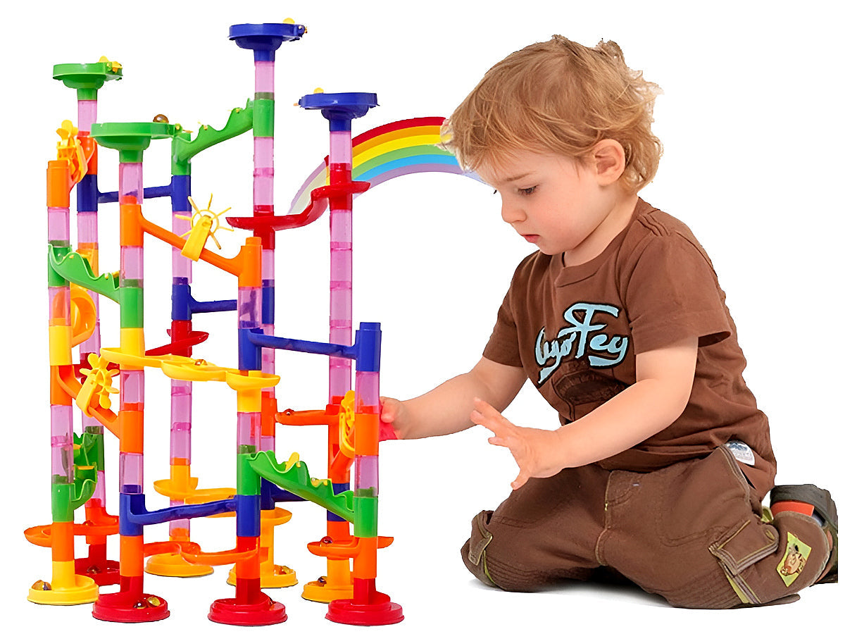 Marble run set box with pieces inside