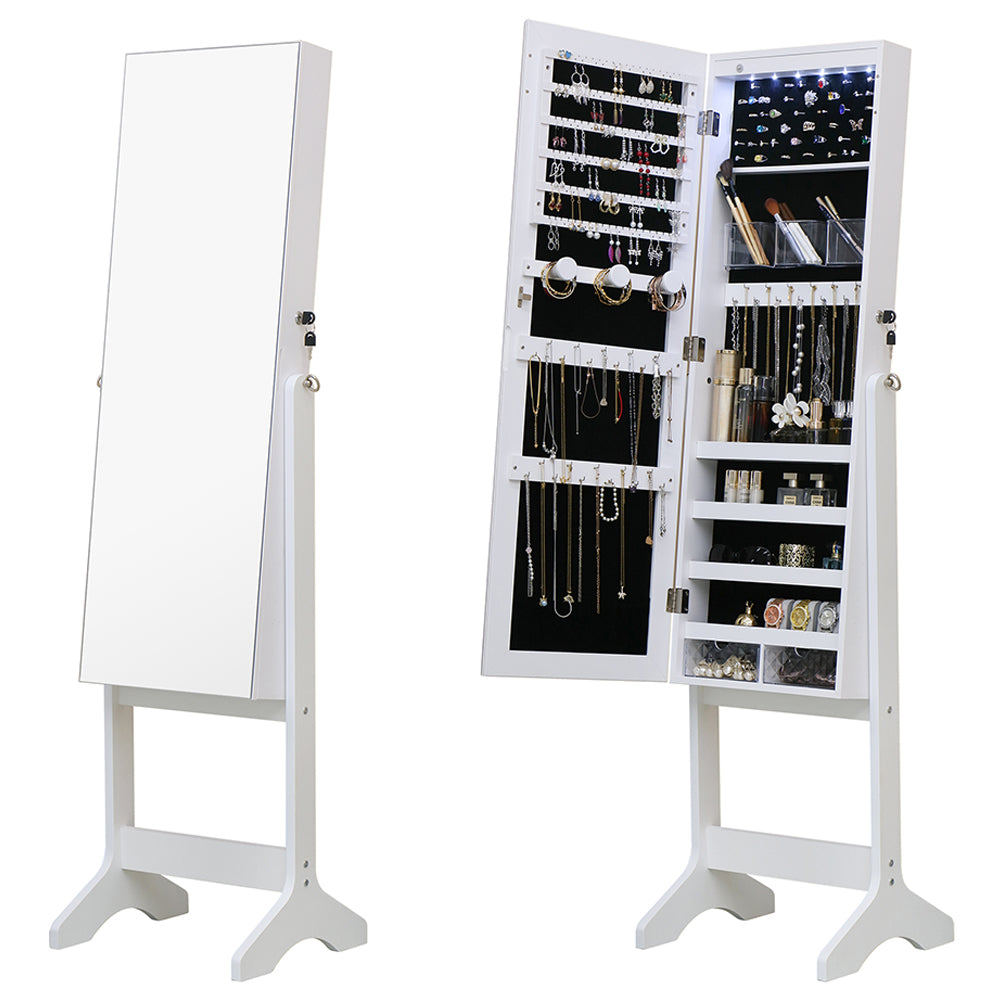 Velvet-lined compartments inside white jewellery cabinet for rings