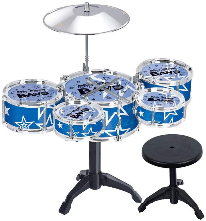 Close-up of blue PVC drum heads on junior drum kit