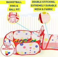 Thumbnail for Kids Play Tent 3Pc Kids Play Tent Crawl Tunnel And Ball Pit Kids Play Tent With Basketball Hoop