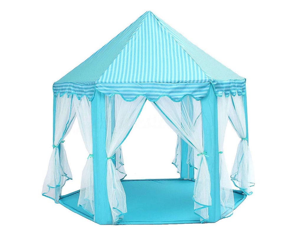 Blue castle play tent setup in indoor playroom