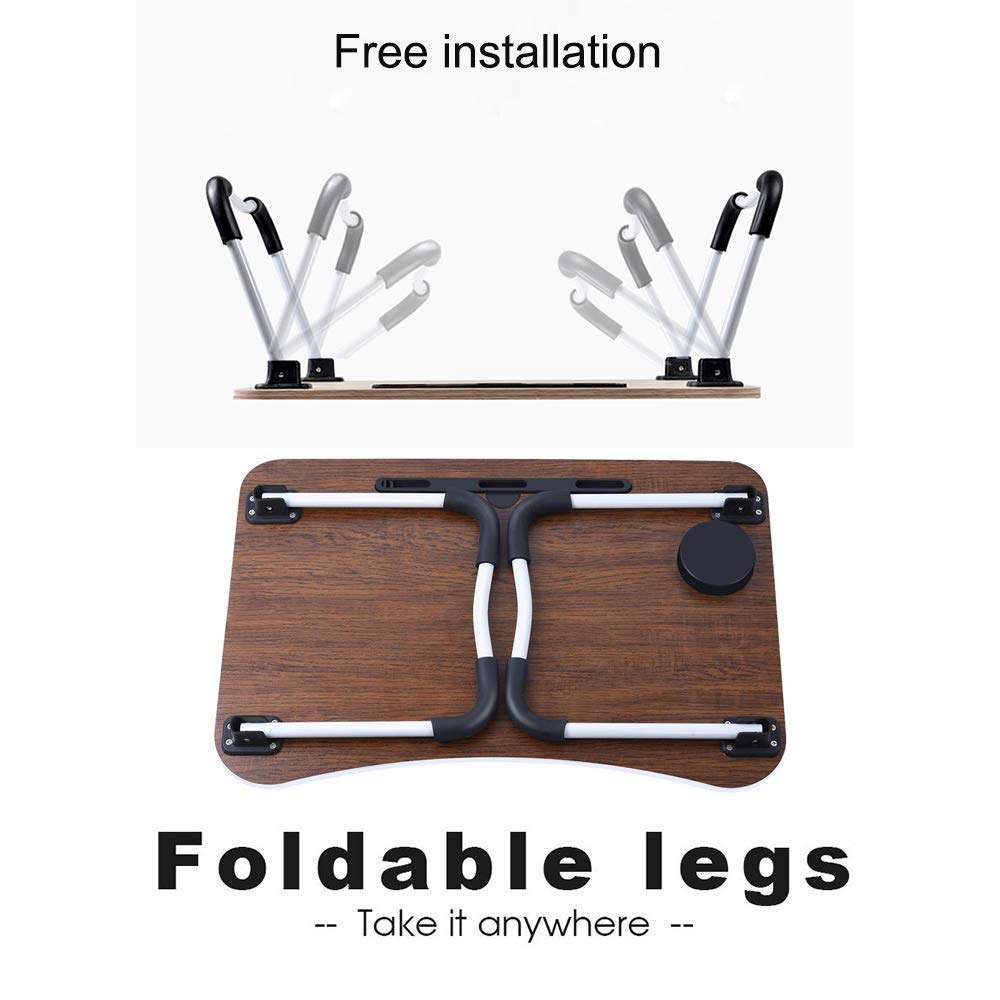 Laptop table showing foldable leg hinges
