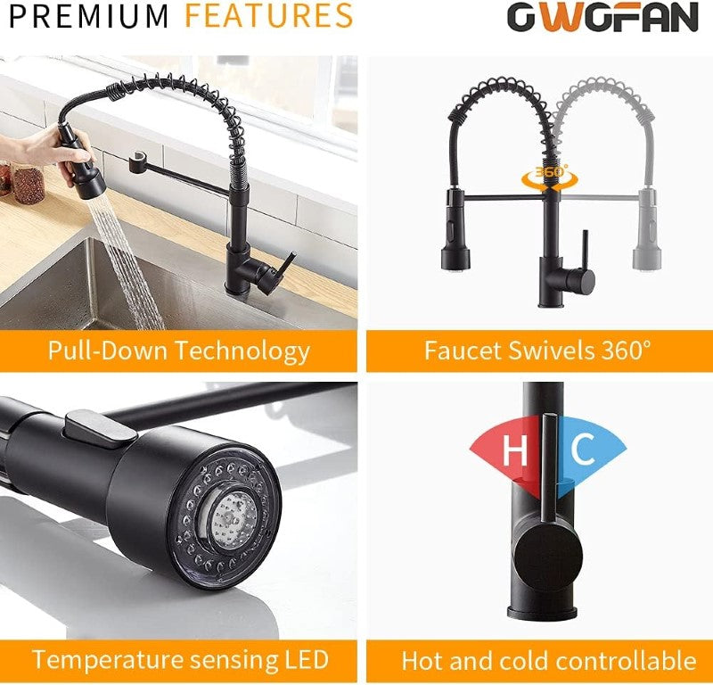 Side angle showing 360-degree rotation of faucet
