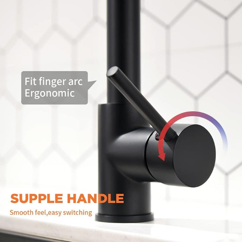 Close-up of black lever handle on kitchen faucet