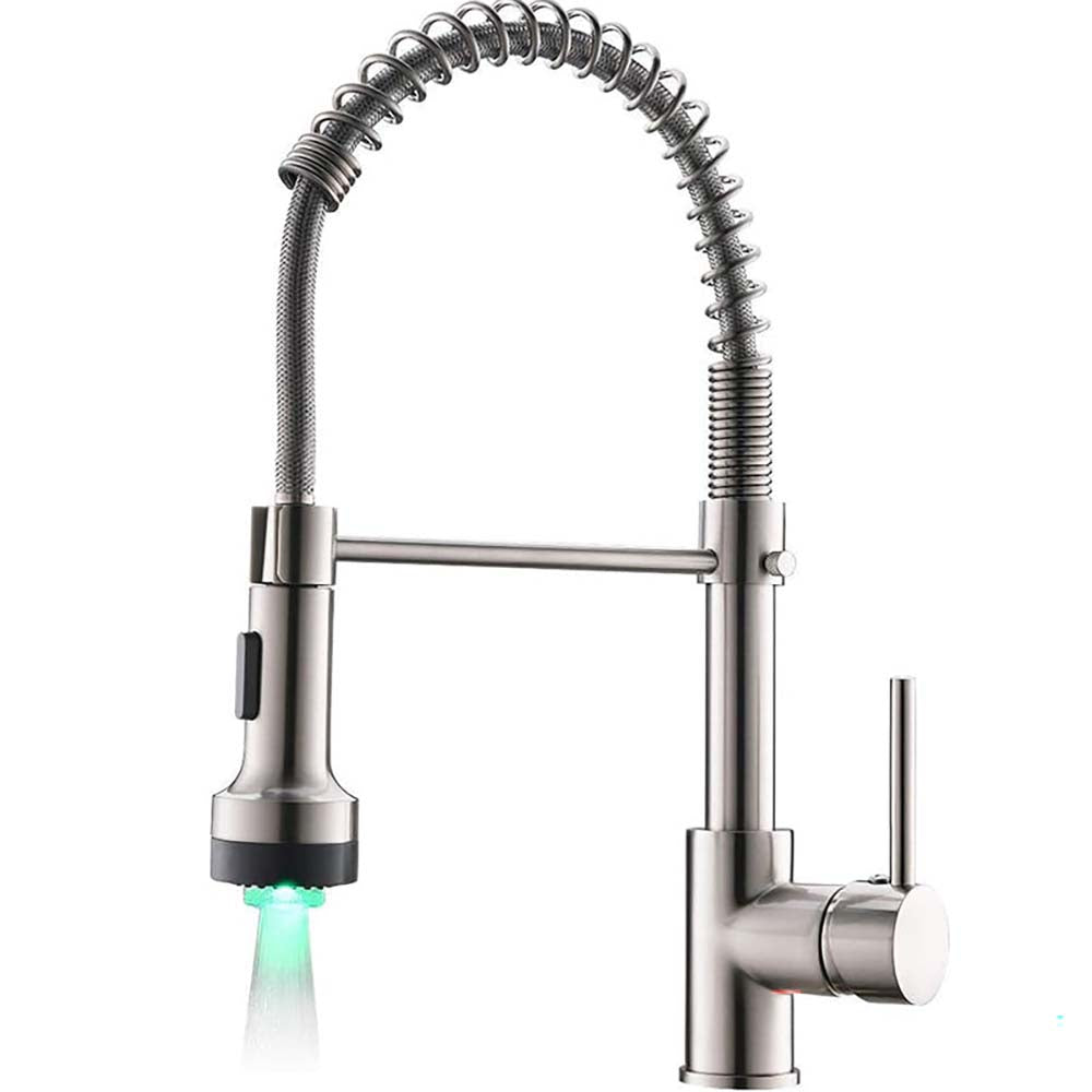 LED light glowing on kitchen faucet sprayer