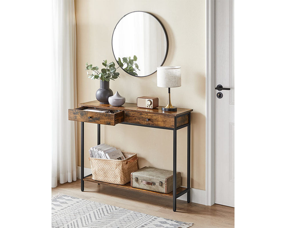 Console table surface holding keys and mail