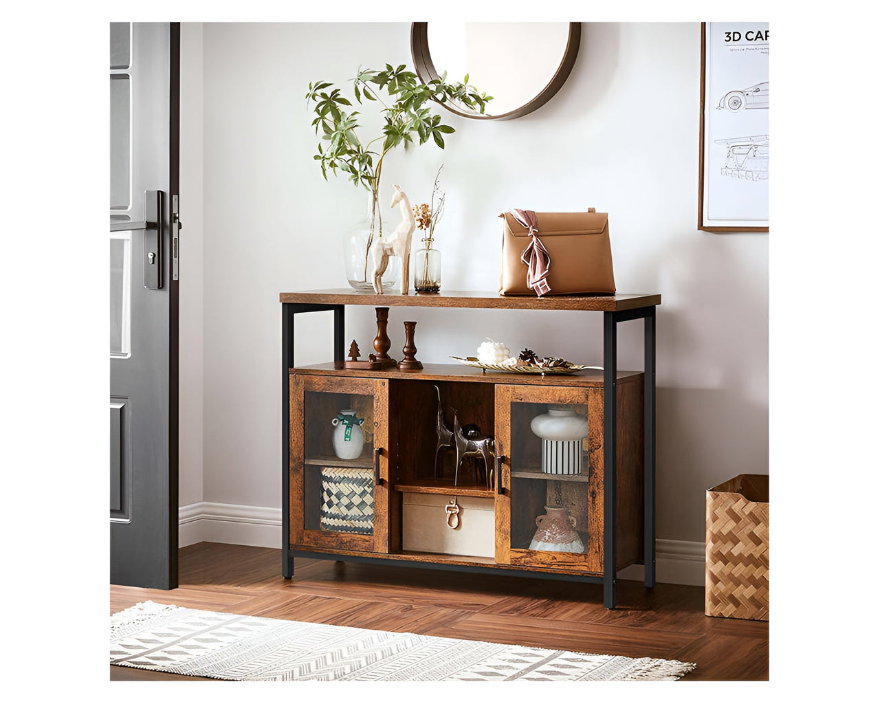 Side view showing rustic brown surface and black frame