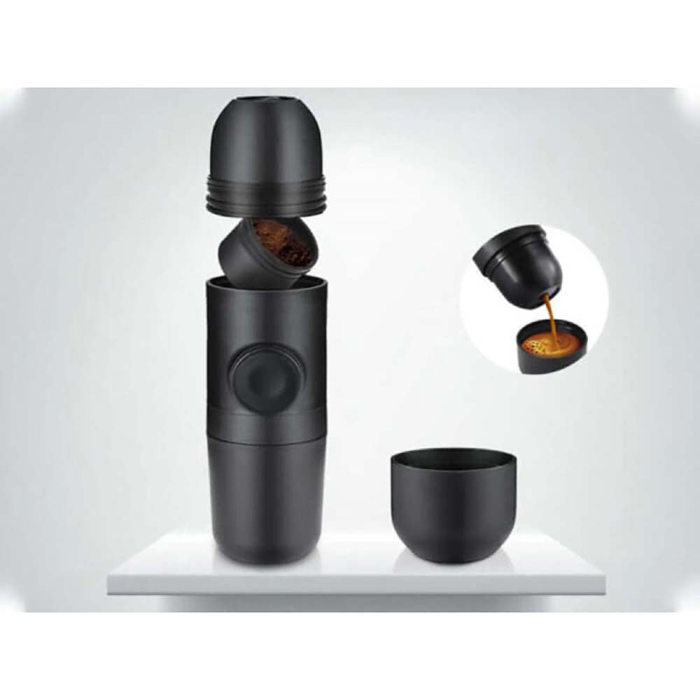 Portable hand-pressed espresso machine side view in stainless steel