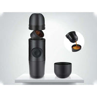 Thumbnail for Portable hand-pressed espresso machine side view in stainless steel