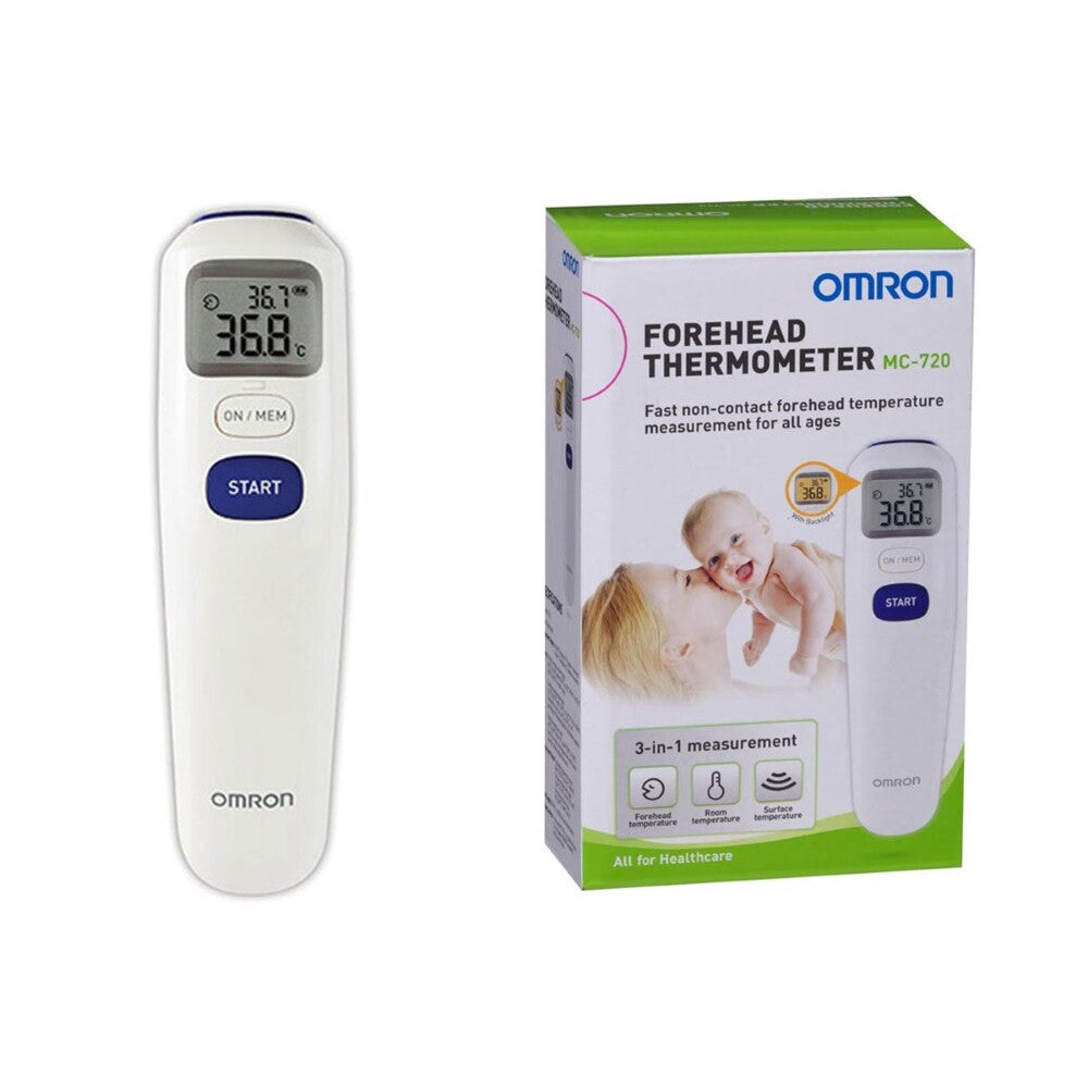 Omron thermometer measuring forehead temperature