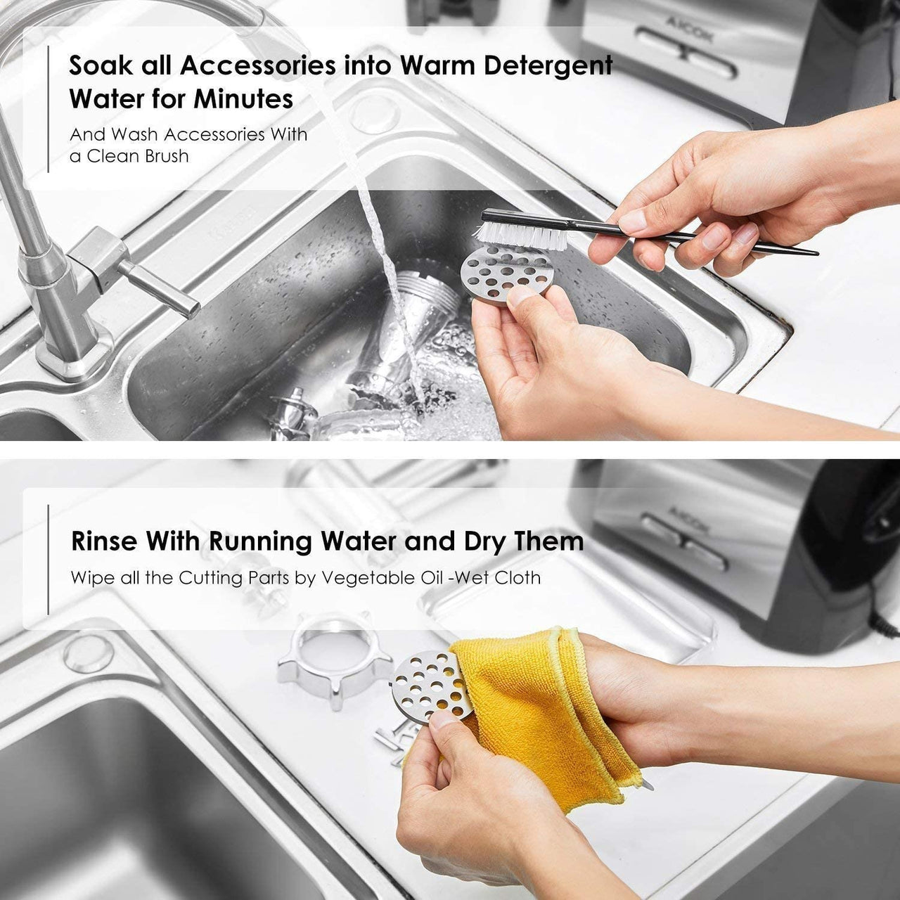 Meat grinder with food pusher