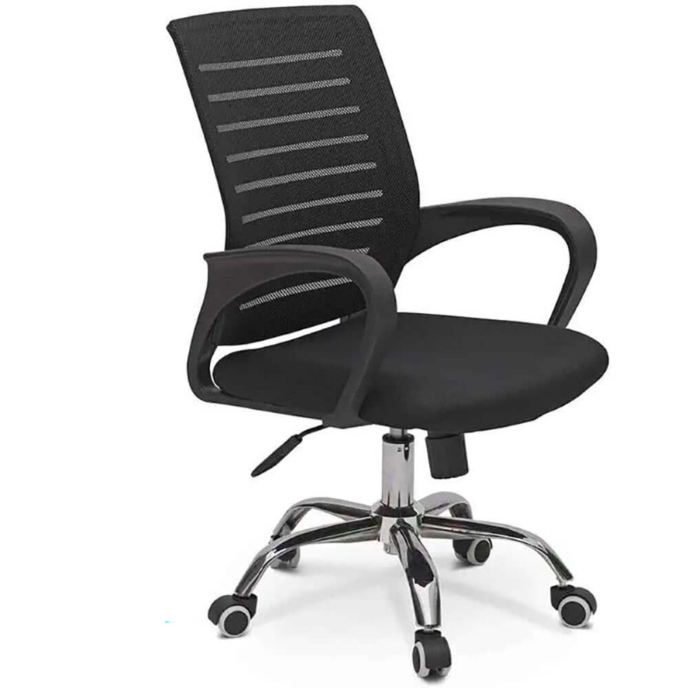 Office chair with padded leather armrests and mesh
