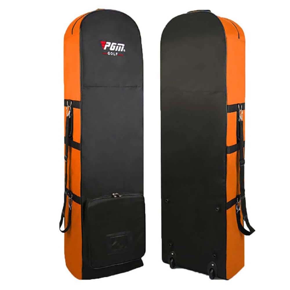 Orange and black golf travel bag with wheels