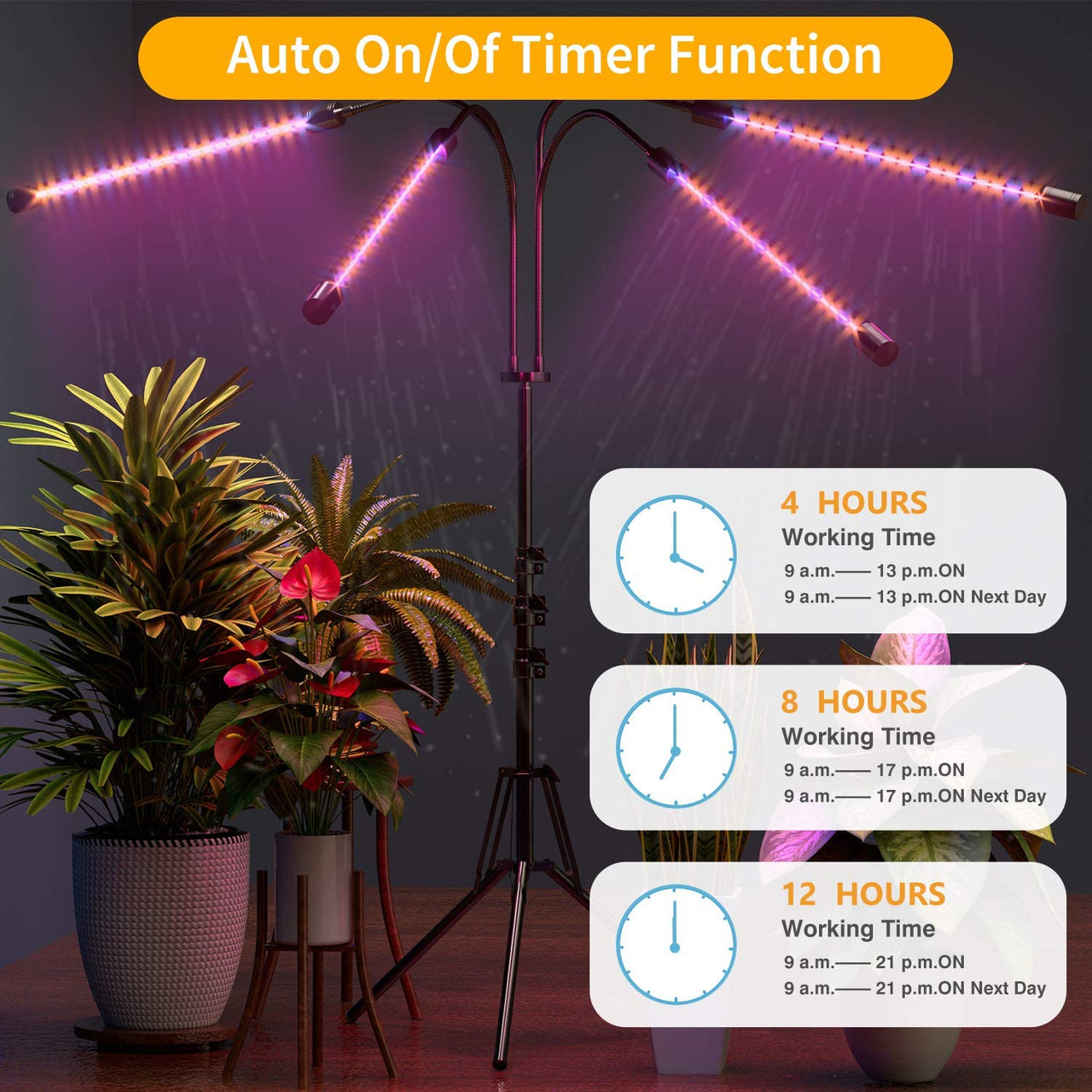 Four LED light heads on grow light for plants