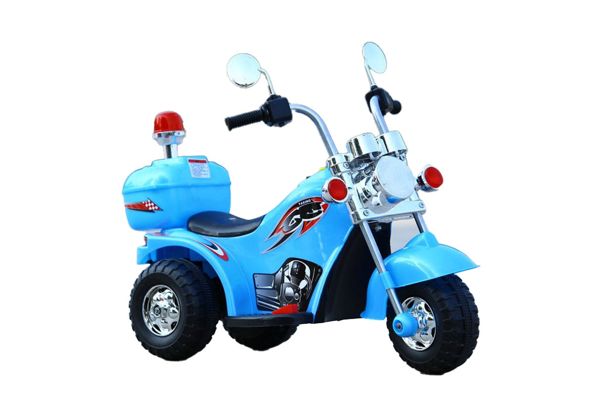 Front view of sky blue electric ride on bike