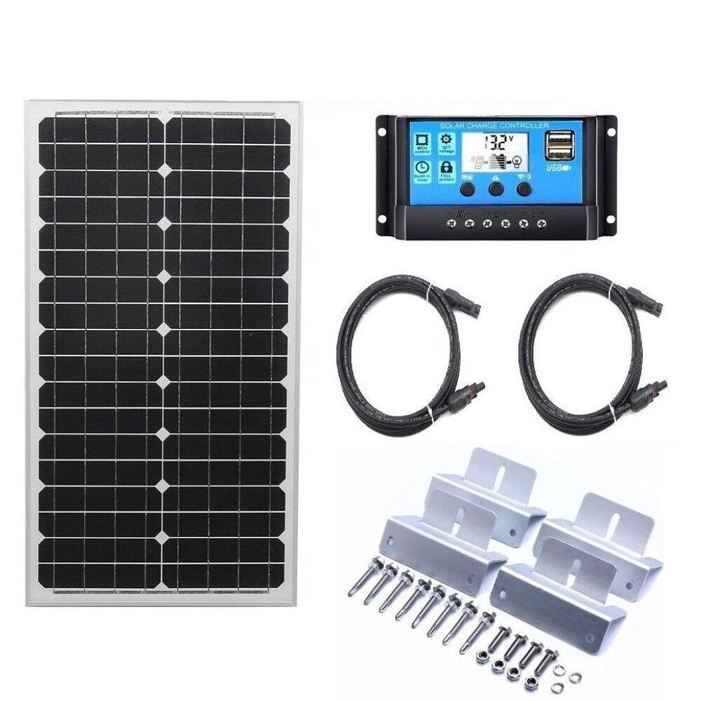 30W solar panel kit components laid out