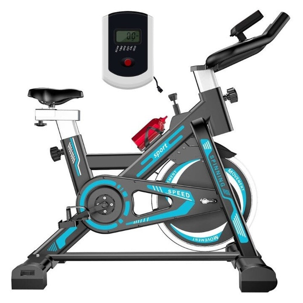 Adjustable exercise bike spin bike blue steel frame side view