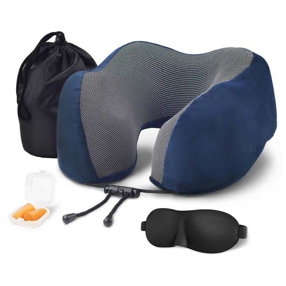 Blue travel pillow packaging and label