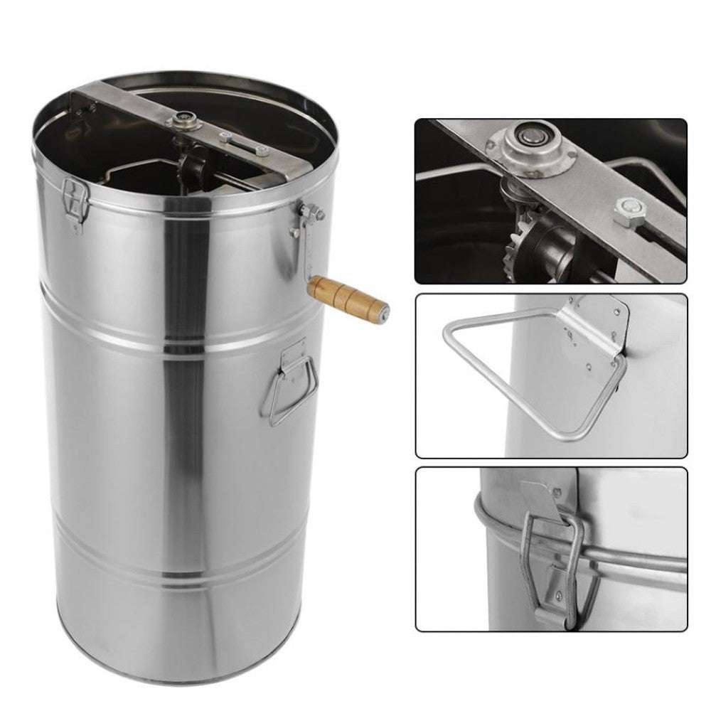 Stainless steel honey extractor front view