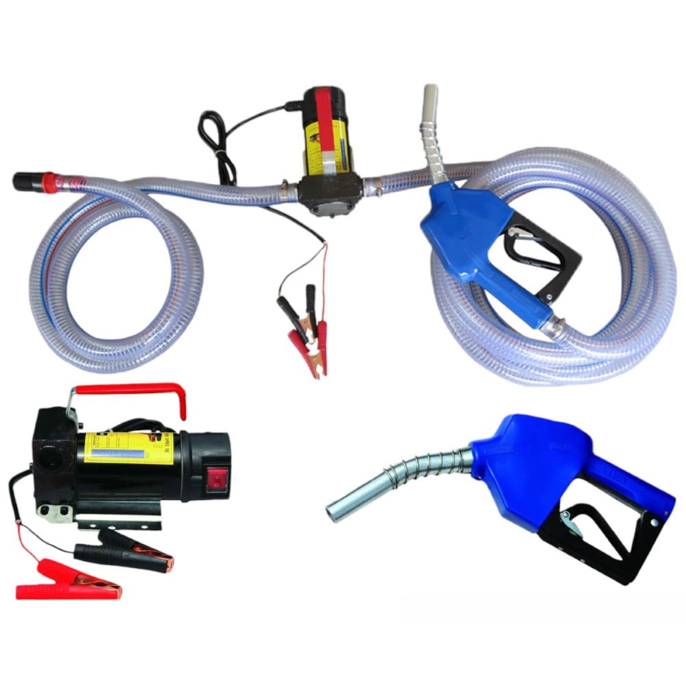12V diesel transfer pump with attached inlet and outlet hoses