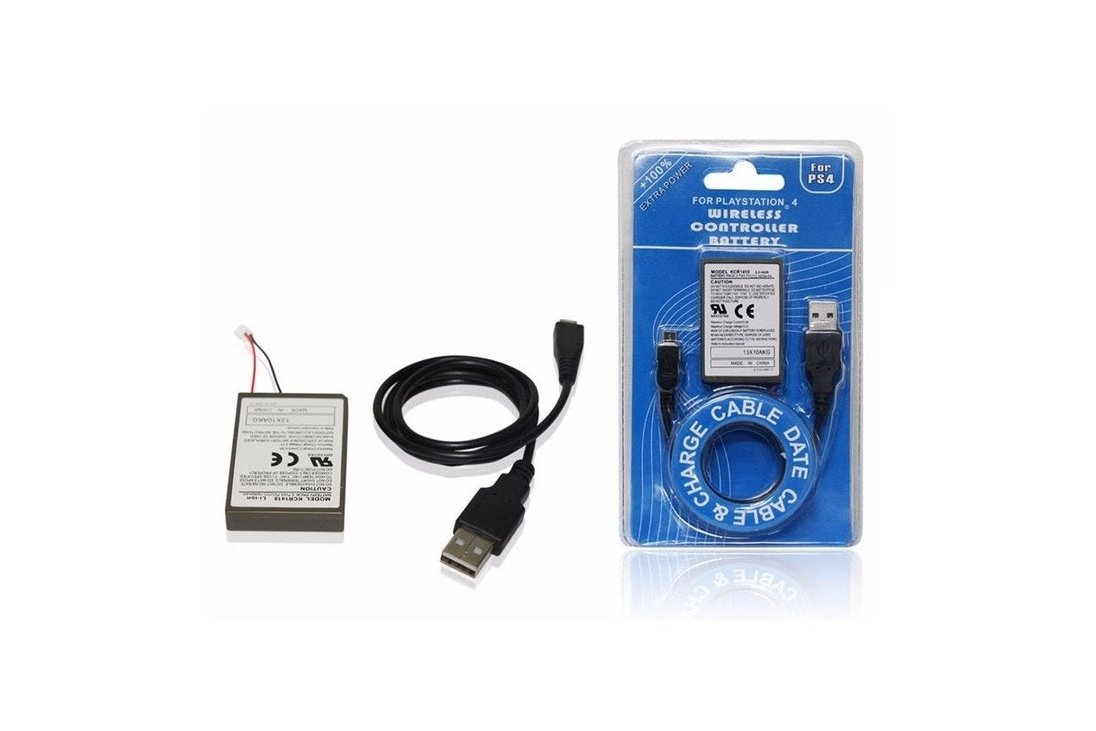 Battery pack and USB cable laid out on white background