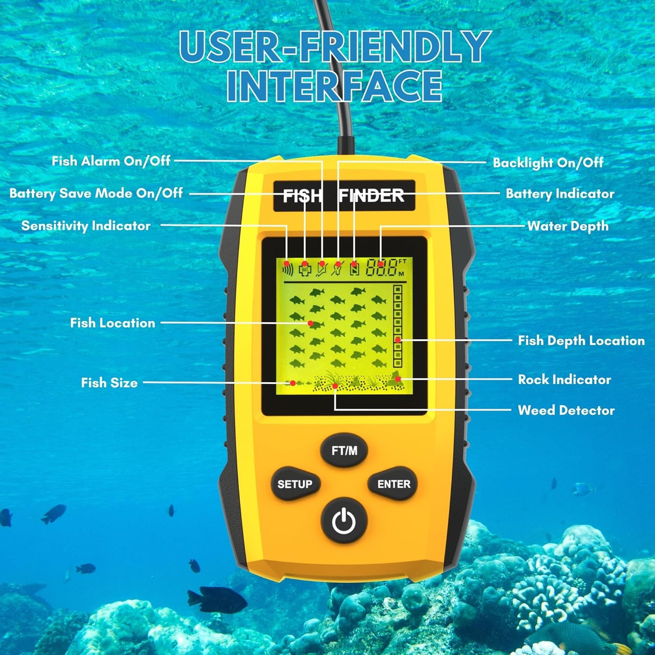 Fish finder fixed on pole for ice fishing