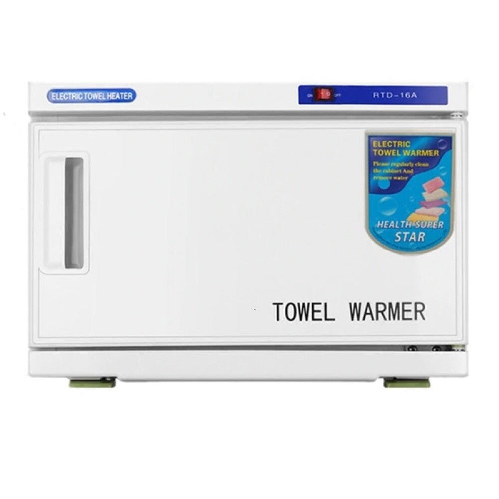 Towel warmer cabinet door open showing towels